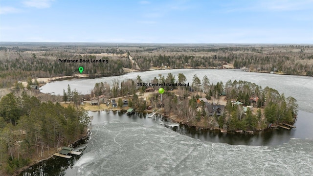 birds eye view of property with a view of trees and a water view