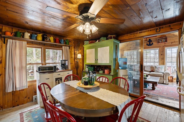 dining area with wooden walls, light wood-style floors, a ceiling fan, a toaster, and wood ceiling