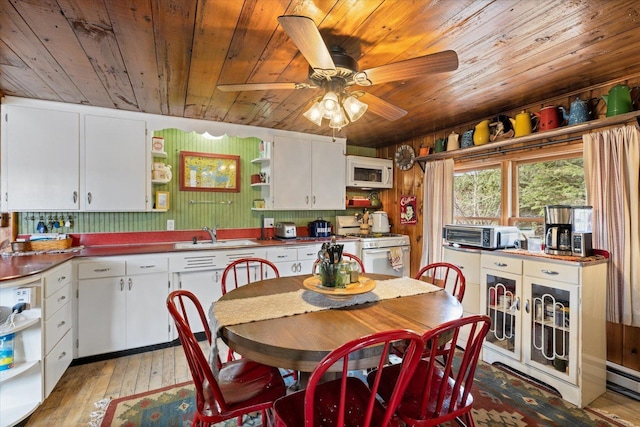kitchen featuring open shelves, white appliances, white cabinets, wooden ceiling, and a sink