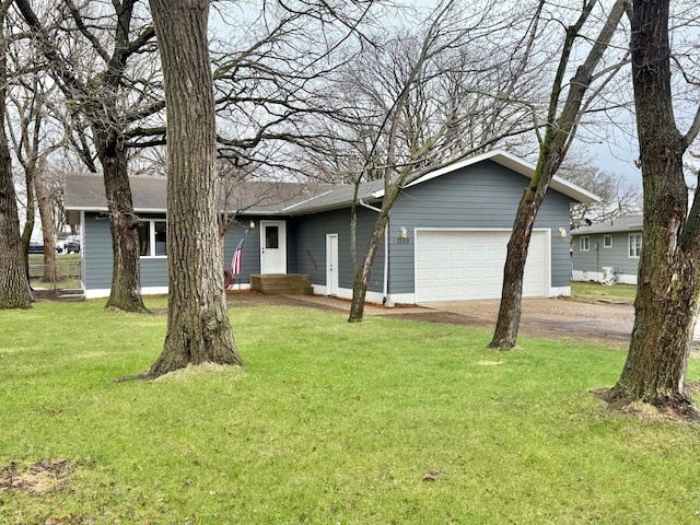 ranch-style home with a garage, dirt driveway, and a front yard