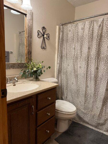 full bathroom with toilet, curtained shower, and vanity