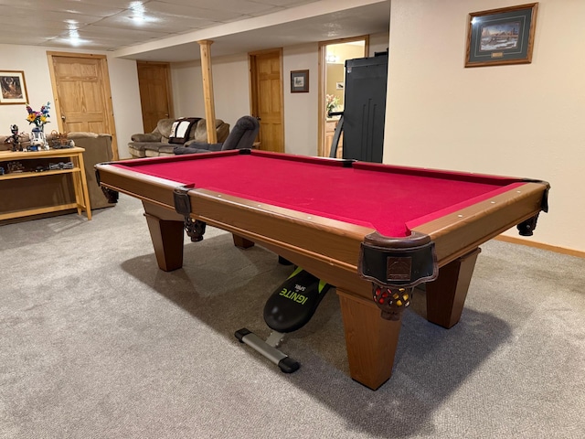 recreation room featuring billiards, carpet floors, and baseboards