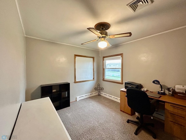 office space featuring ceiling fan, visible vents, crown molding, baseboards, and carpet flooring