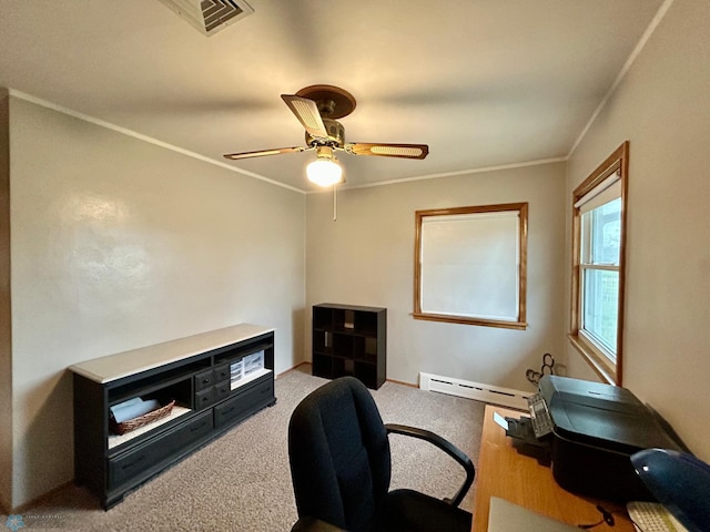 office featuring visible vents, ornamental molding, light carpet, baseboard heating, and a ceiling fan