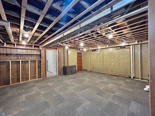 unfinished below grade area with a baseboard radiator and carpet flooring
