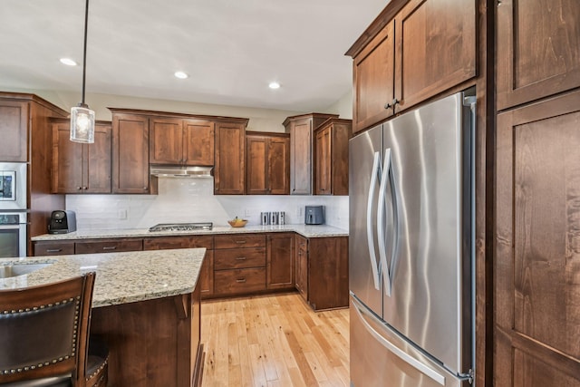 3623 Cove Point Cir NW, Prior Lake, MN 55372 - kitchen with stainless steel appliances, under cabinet range hood, light wood-style floors, light stone counters, and decorative light fixtures