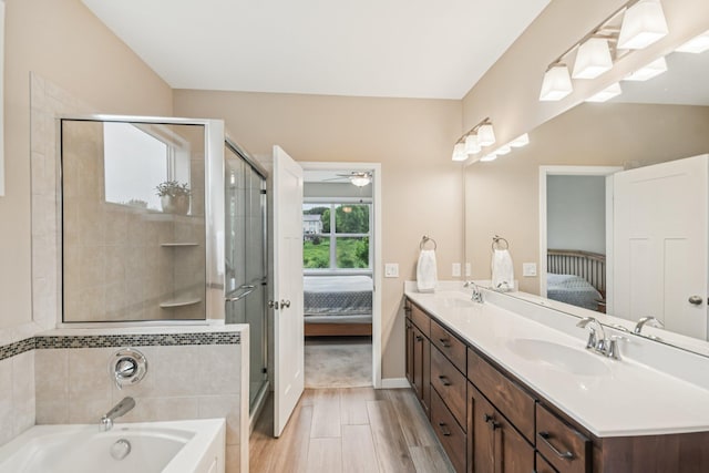 3623 Cove Point Cir NW, Prior Lake, MN 55372 - bathroom with ensuite bathroom, a bath, double vanity, a stall shower, and wood finished floors