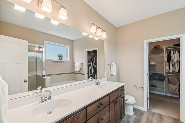 3623 Cove Point Cir NW, Prior Lake, MN 55372 - bathroom featuring a walk in closet, wood finished floors, a bath, double vanity, and a stall shower