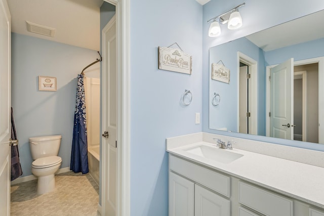 bathroom featuring vanity, toilet, visible vents, and shower / bath combination with curtain