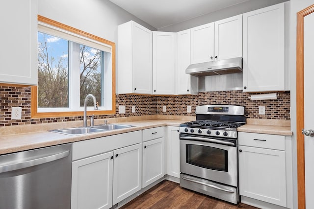 kitchen featuring under cabinet range hood, stainless steel appliances, white cabinets, and a sink