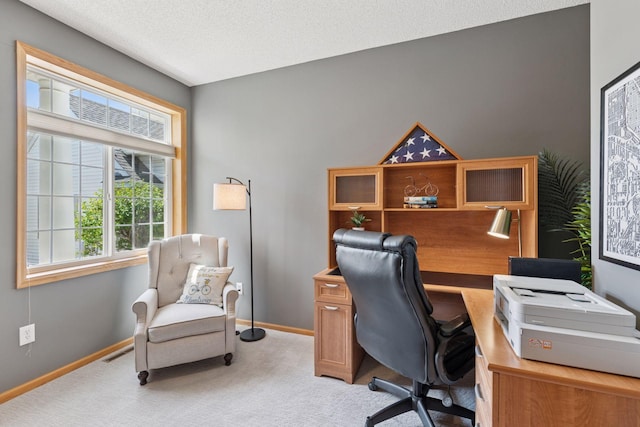 office space with light carpet and baseboards