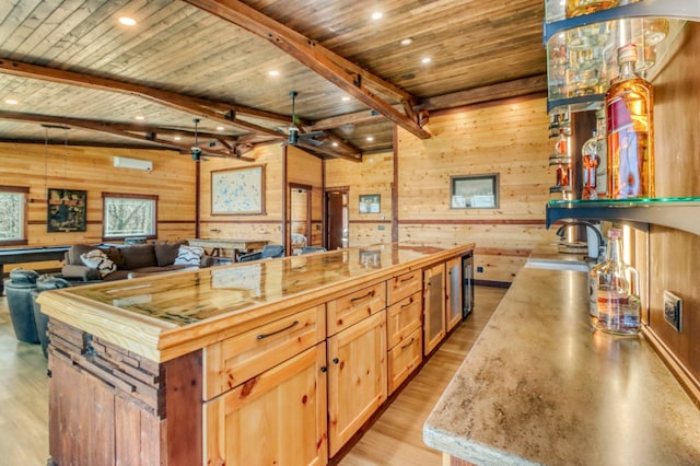 23351 County Highway 22, Lake View Twp, MN 56501 - kitchen with ceiling fan, wooden counters, wood walls, a sink, and wooden ceiling