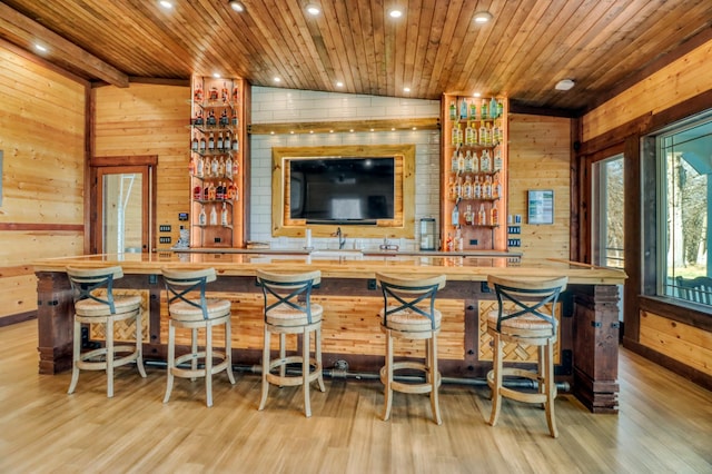 23351 County Highway 22, Lake View Twp, MN 56501 - bar featuring wooden walls, light wood finished floors, recessed lighting, wet bar, and wood ceiling
