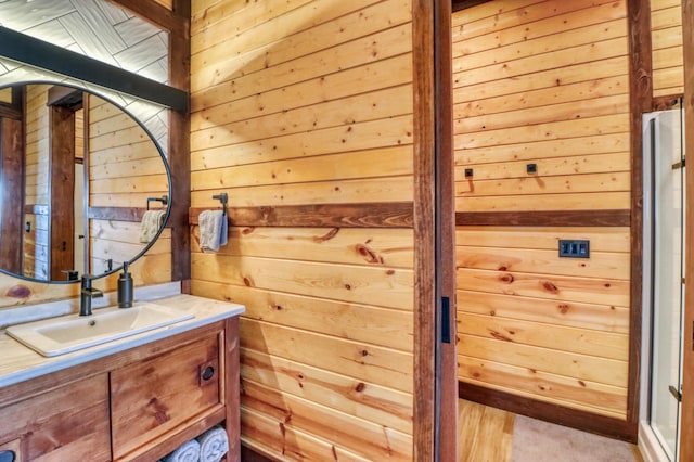 23351 County Highway 22, Lake View Twp, MN 56501 - bathroom featuring wooden walls and vanity
