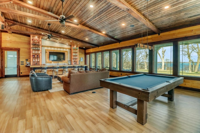 23351 County Highway 22, Lake View Twp, MN 56501 - game room featuring a healthy amount of sunlight, wood ceiling, lofted ceiling with beams, and wood walls