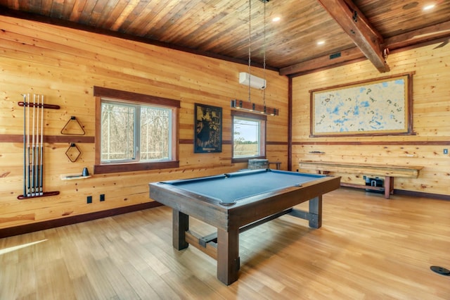 23351 County Highway 22, Lake View Twp, MN 56501 - recreation room featuring billiards, light wood-type flooring, wood walls, wooden ceiling, and beamed ceiling