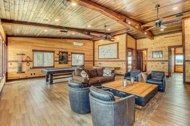 23351 County Highway 22, Lake View Twp, MN 56501 - living area with pool table, ceiling fan, wood walls, and wood finished floors