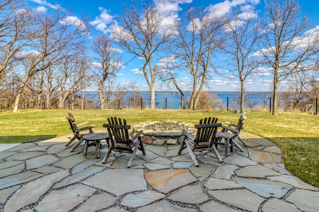 23351 County Highway 22, Lake View Twp, MN 56501 - view of patio / terrace with a water view and a fire pit