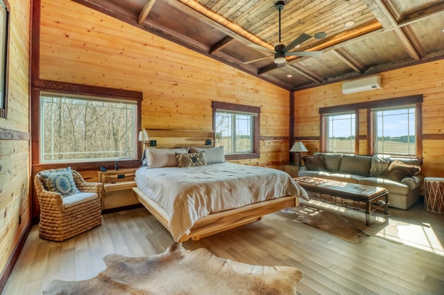 23351 County Highway 22, Lake View Twp, MN 56501 - bedroom with wood ceiling, a wall unit AC, hardwood / wood-style flooring, wood walls, and lofted ceiling with beams