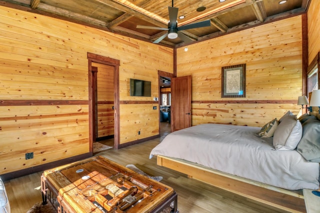 23351 County Highway 22, Lake View Twp, MN 56501 - bedroom with wooden walls, wooden ceiling, beamed ceiling, and wood finished floors