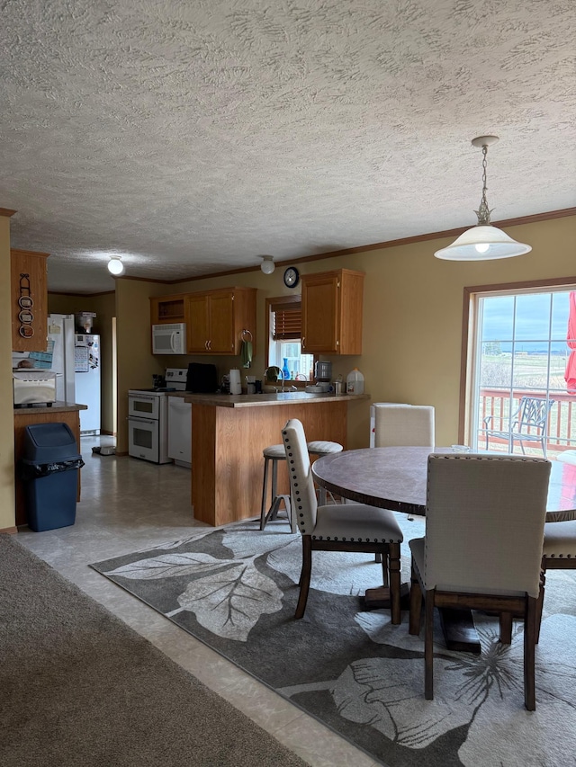 dining room with ornamental molding and a textured ceiling
