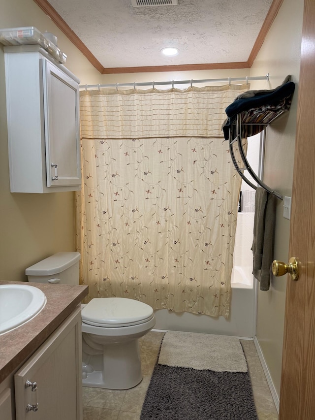 bathroom featuring a textured ceiling, vanity, toilet, shower / tub combo with curtain, and ornamental molding