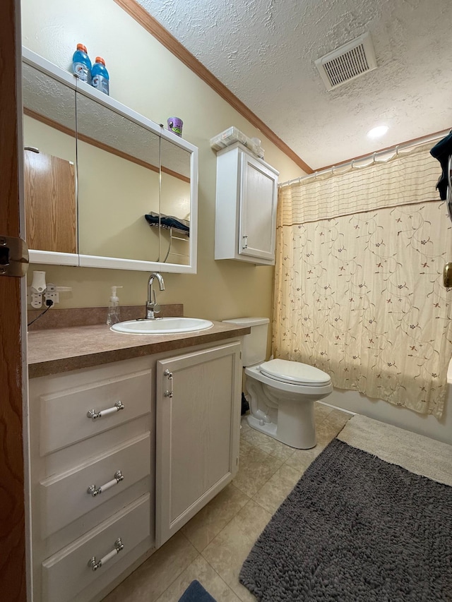 full bath with visible vents, ornamental molding, tile patterned flooring, vanity, and toilet