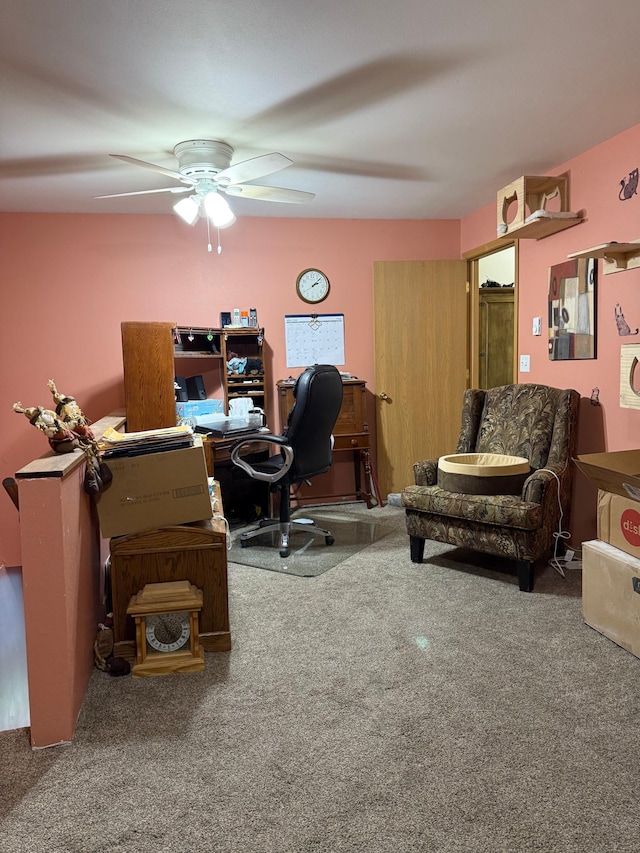 office area with carpet floors and ceiling fan