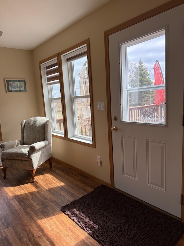 doorway with plenty of natural light, baseboards, and wood finished floors