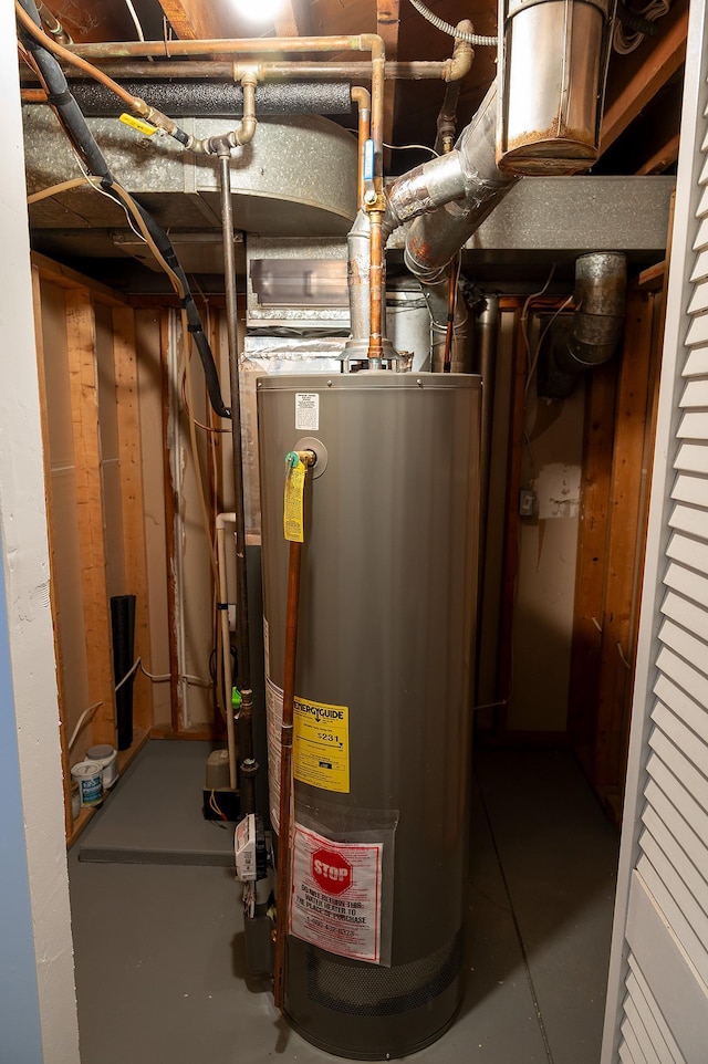 utility room featuring water heater