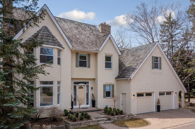 view of front of house with brick siding, decorative driveway, a chimney, and a garage