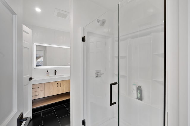 full bath with visible vents, tile patterned flooring, a stall shower, vanity, and recessed lighting