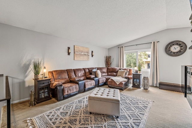 3903 Gershwin Ave N, Oakdale, MN 55128 - carpeted living area featuring a textured ceiling and vaulted ceiling