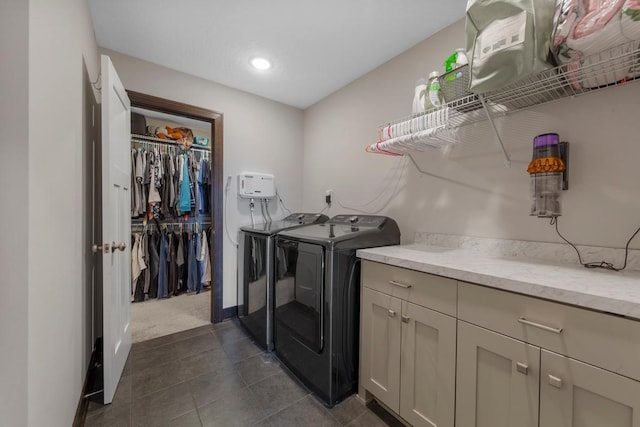 2120 Violet Ln, Faribault, MN 55021 - laundry room featuring dark tile patterned flooring, dark carpet, recessed lighting, and independent washer and dryer