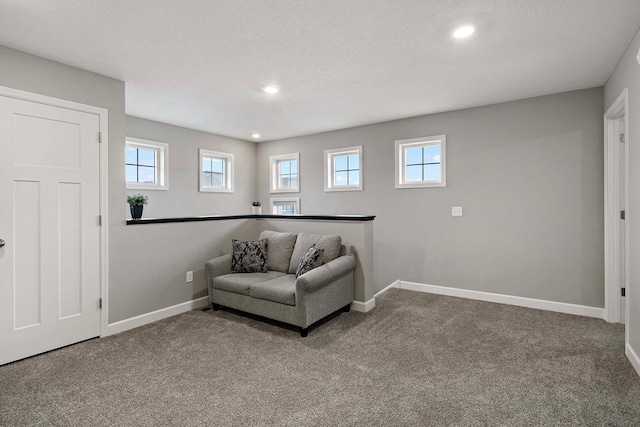 2166 Island Ct, Lino Lakes, MN 55038 - carpeted living room featuring baseboards, recessed lighting, and a textured ceiling