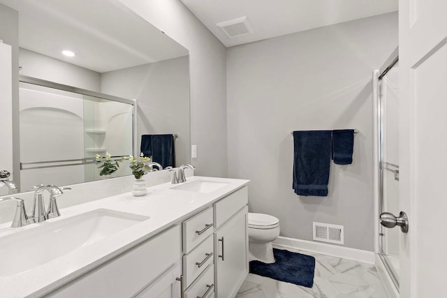 2166 Island Ct, Lino Lakes, MN 55038 - full bath with a stall shower, marble finish flooring, toilet, and double vanity