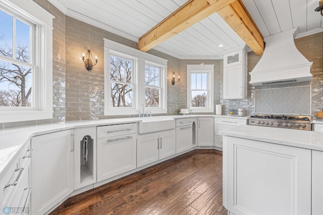 kitchen with custom range hood, a sink, beam ceiling, and tasteful backsplash