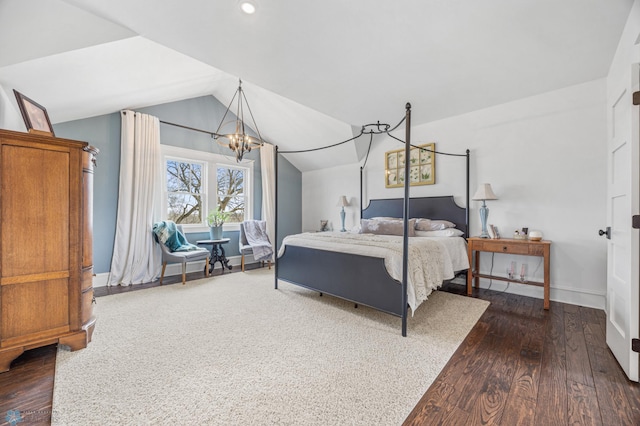 bedroom featuring baseboards, dark wood-style floors, recessed lighting, a notable chandelier, and vaulted ceiling