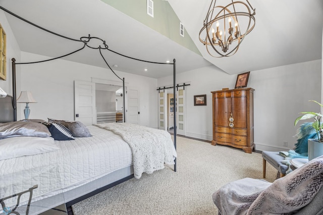 bedroom featuring light carpet, a notable chandelier, a barn door, and visible vents