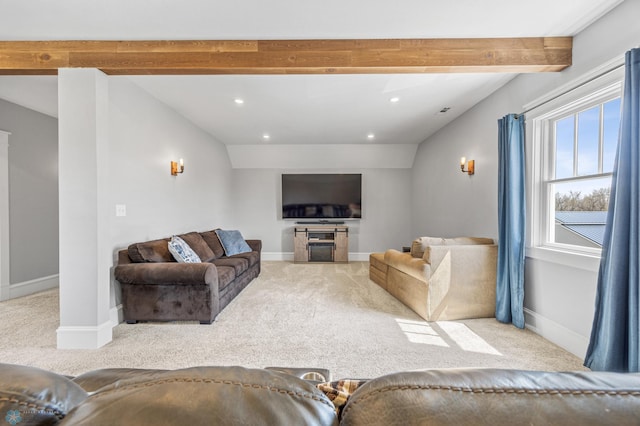 carpeted living room featuring baseboards, beamed ceiling, and recessed lighting