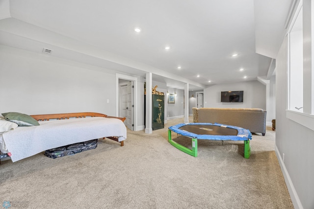 carpeted bedroom with recessed lighting, baseboards, and visible vents