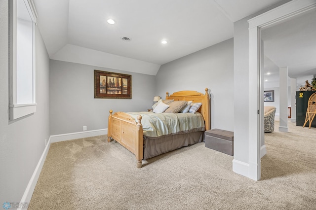 carpeted bedroom featuring recessed lighting, baseboards, and vaulted ceiling