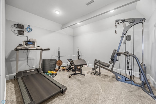workout area with baseboards, carpet, and visible vents