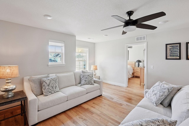 4994 Obsidian Way, Victoria, MN 55386 - living room featuring light wood-style floors, ceiling fan, a textured ceiling, and baseboards