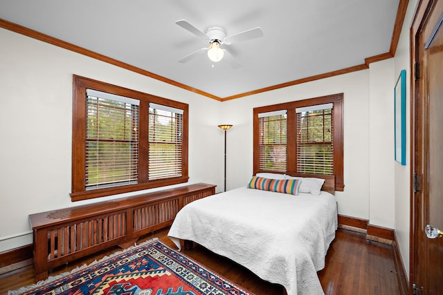 2511 12th Ave N, Minneapolis, MN 55411 - bedroom with dark wood-style floors, baseboards, multiple windows, ornamental molding, and ceiling fan