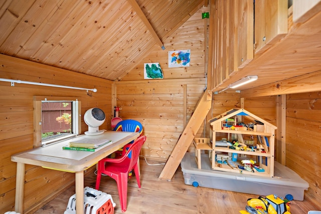 2511 12th Ave N, Minneapolis, MN 55411 - recreation room featuring wood walls, lofted ceiling, wooden ceiling, and wood finished floors