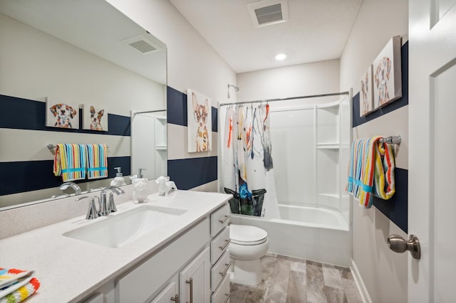 full bath with toilet, visible vents, shower / bathtub combination with curtain, and vanity