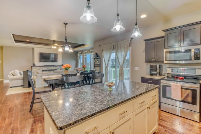 kitchen featuring a kitchen island, open floor plan, light wood-type flooring, a tray ceiling, and stainless steel appliances
