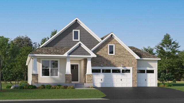 craftsman house with stone siding, driveway, and a front yard