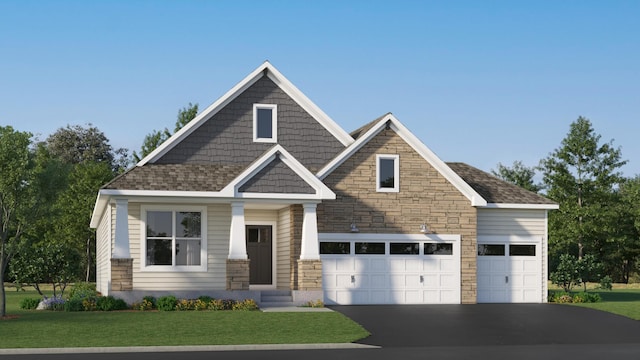 9735 49th St NE, Saint Michael, MN 55376 - craftsman-style house with asphalt driveway, a front yard, stone siding, and a garage